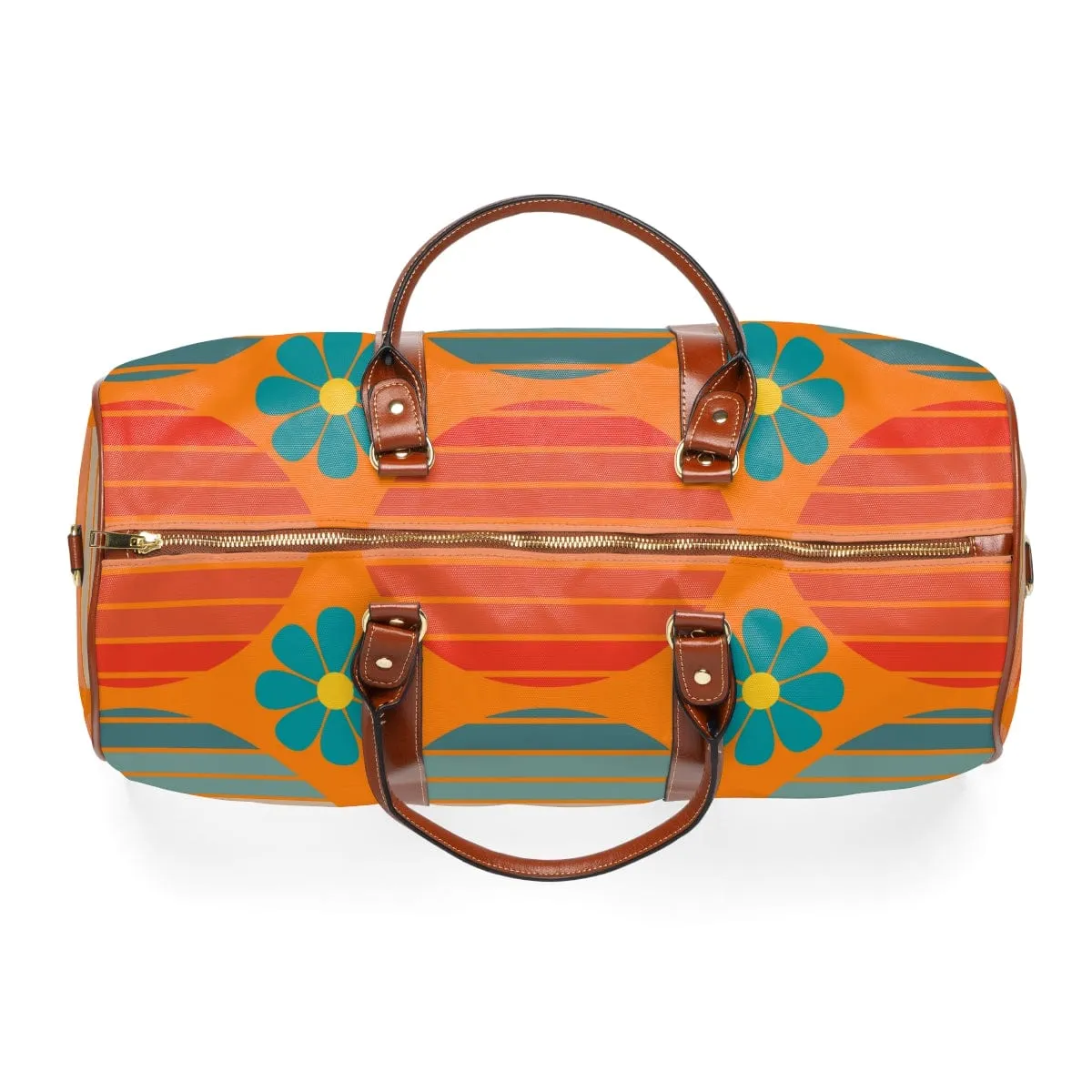 70's Retro Groovy Wave, Mod Daisy, Overnight, Travel, Weekend, Diaper Bag, Orange, Teal, Mid Mod Waterproof Travel Bag