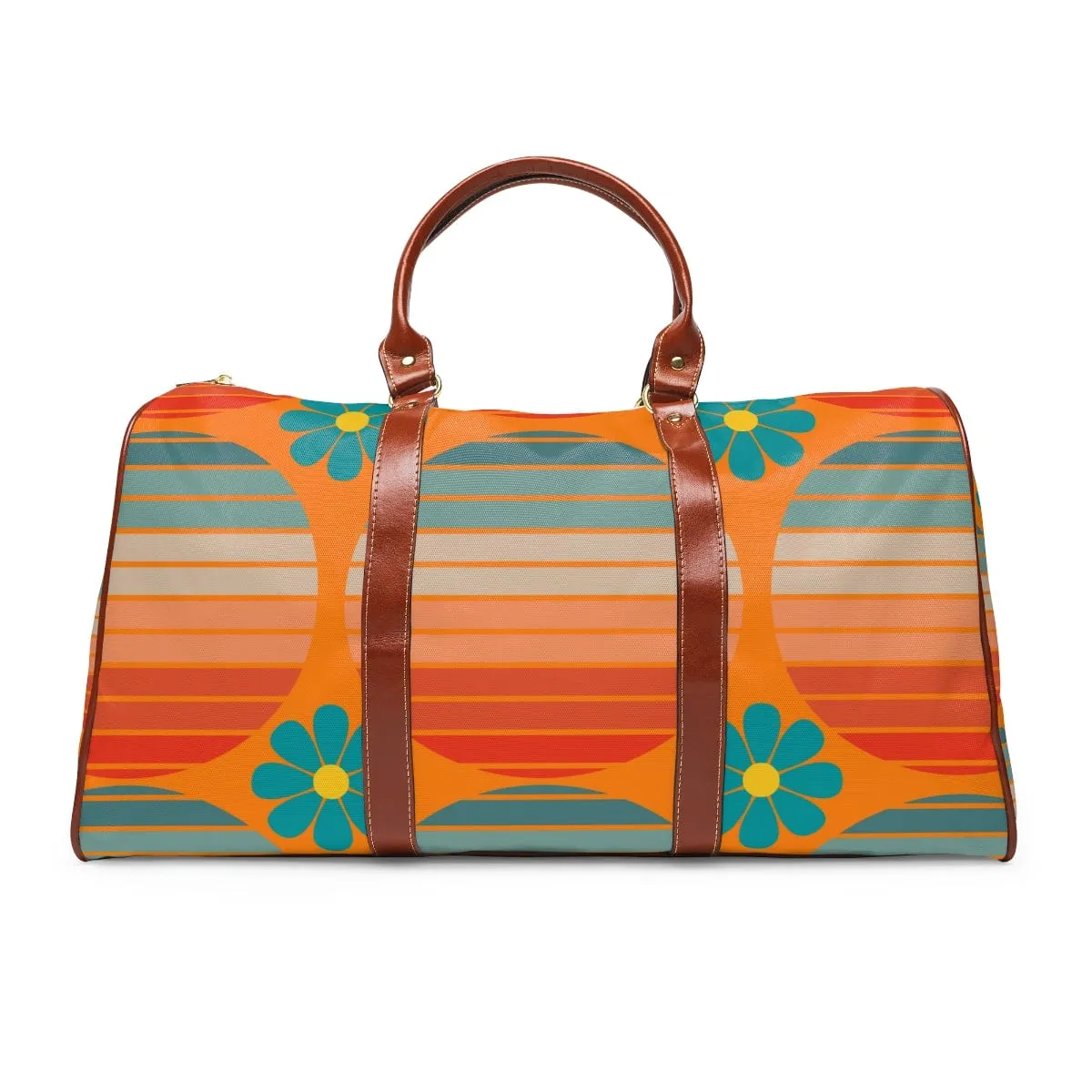 70's Retro Groovy Wave, Mod Daisy, Overnight, Travel, Weekend, Diaper Bag, Orange, Teal, Mid Mod Waterproof Travel Bag