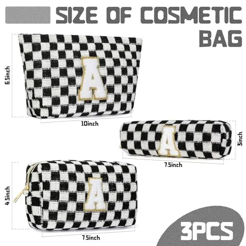 Aintmax Graduation Gifts for Her,3 Pieces Checkered Makeup Bag Personalized Initial Make Up Bag Cute Storage Pouch Travel Toiletry Cosmetic Bag Teacher Birthday Gifts for Women Girls (Black-S)