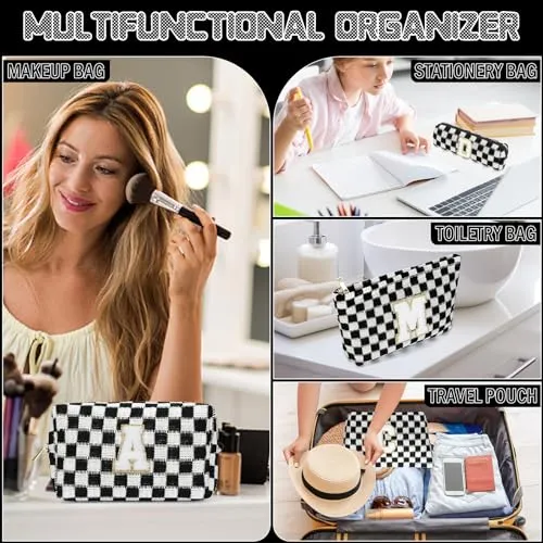 Aintmax Graduation Gifts for Her,3 Pieces Checkered Makeup Bag Personalized Initial Make Up Bag Cute Storage Pouch Travel Toiletry Cosmetic Bag Teacher Birthday Gifts for Women Girls (Black-S)
