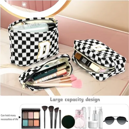 Aintmax Graduation Gifts for Her,3 Pieces Checkered Makeup Bag Personalized Initial Make Up Bag Cute Storage Pouch Travel Toiletry Cosmetic Bag Teacher Birthday Gifts for Women Girls (Black-S)