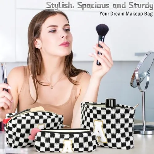 Aintmax Graduation Gifts for Her,3 Pieces Checkered Makeup Bag Personalized Initial Make Up Bag Cute Storage Pouch Travel Toiletry Cosmetic Bag Teacher Birthday Gifts for Women Girls (Black-S)