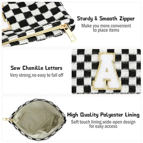 Aintmax Graduation Gifts for Her,3 Pieces Checkered Makeup Bag Personalized Initial Make Up Bag Cute Storage Pouch Travel Toiletry Cosmetic Bag Teacher Birthday Gifts for Women Girls (Black-S)