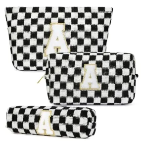Aintmax Graduation Gifts for Her,3 Pieces Checkered Makeup Bag Personalized Initial Make Up Bag Cute Storage Pouch Travel Toiletry Cosmetic Bag Teacher Birthday Gifts for Women Girls (Black-S)