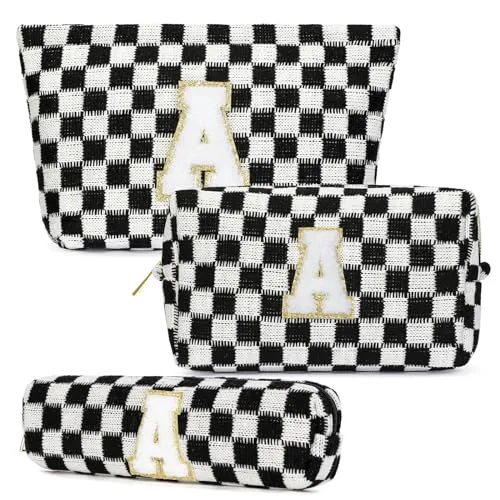 Aintmax Graduation Gifts for Her,3 Pieces Checkered Makeup Bag Personalized Initial Make Up Bag Cute Storage Pouch Travel Toiletry Cosmetic Bag Teacher Birthday Gifts for Women Girls (Black-S)
