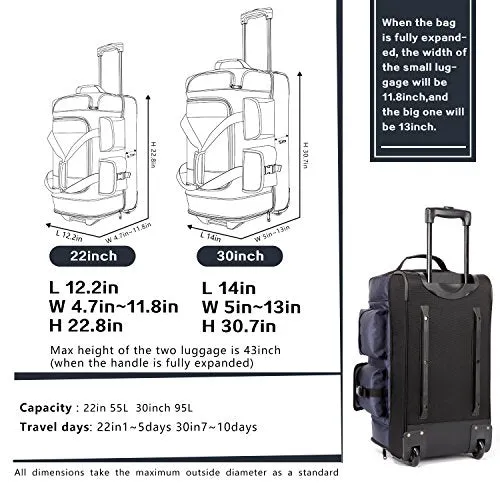 Coolife Rolling Duffel Travel Duffel Bag Wheeled Duffel Carry-On/Cabin Size 8 Pockets