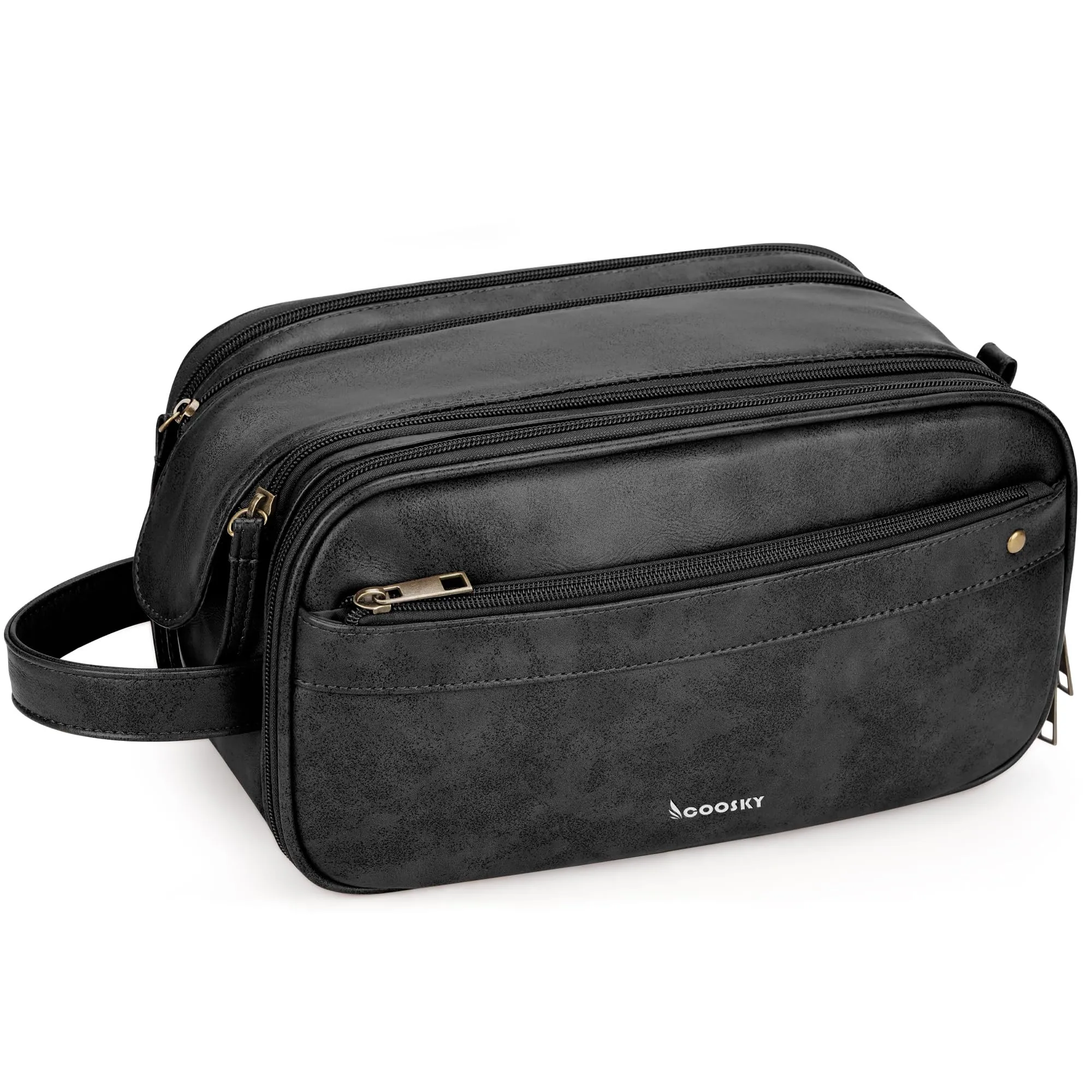 COOSKY Travel Toiletry Bag for Men, Large Hanging Toiletries Organizer Bags for Women, Cruise Ship Essentials, Water-resistant Shaving Case, PU Leather Makeup Accessories, Cosmetic Dopp Kit, Black