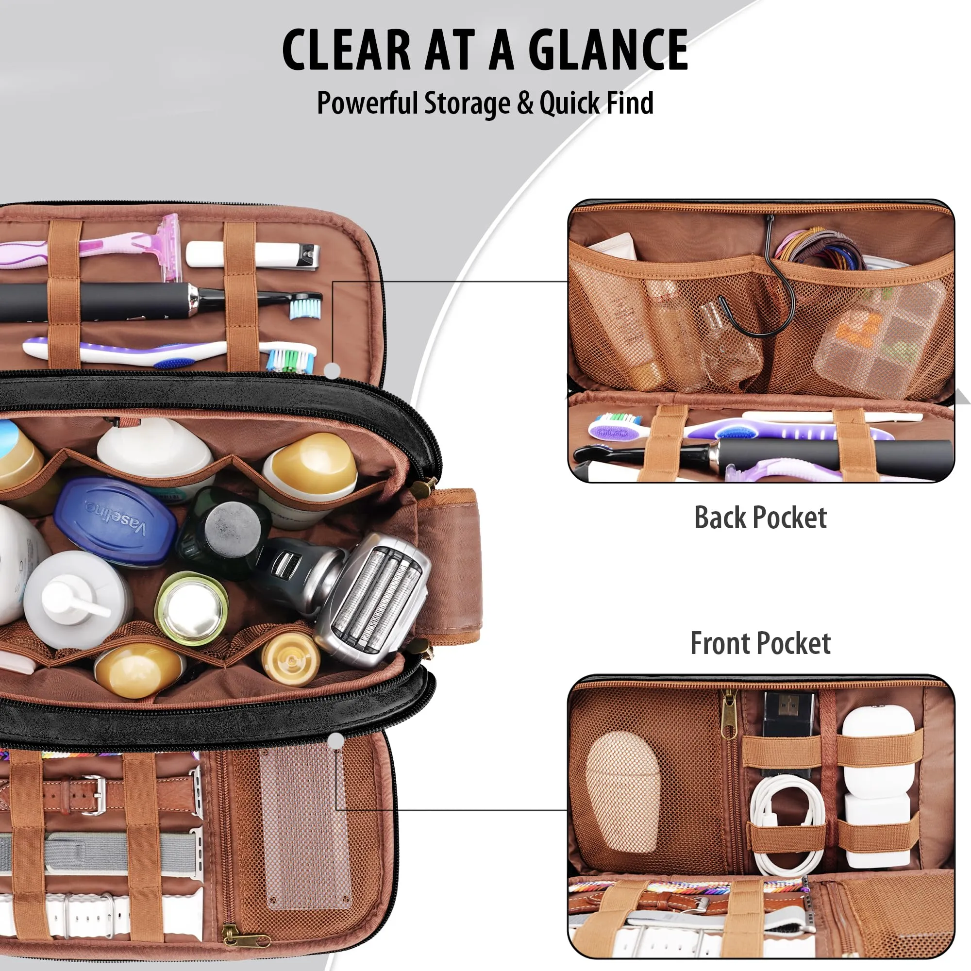 COOSKY Travel Toiletry Bag for Men, Large Hanging Toiletries Organizer Bags for Women, Cruise Ship Essentials, Water-resistant Shaving Case, PU Leather Makeup Accessories, Cosmetic Dopp Kit, Black