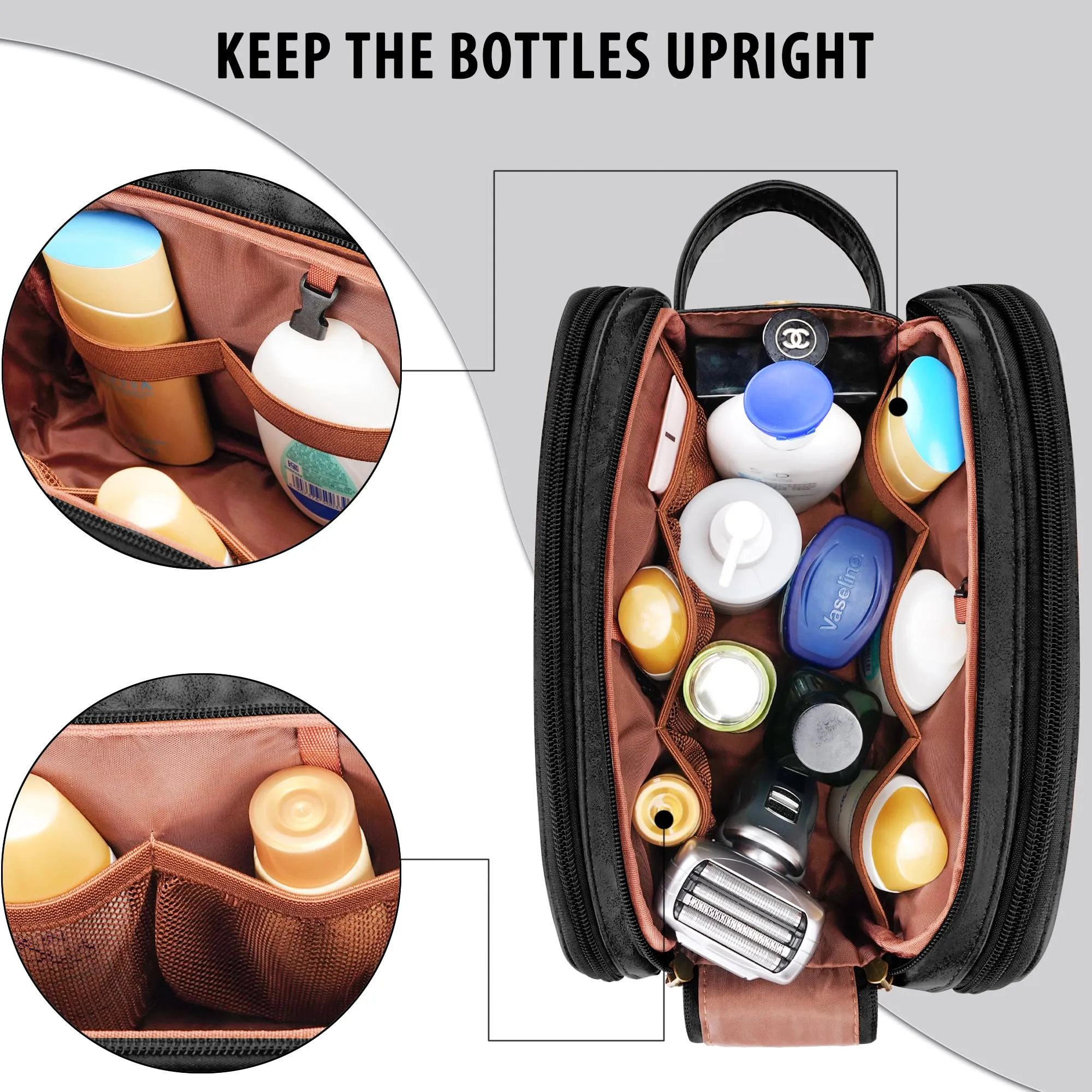 COOSKY Travel Toiletry Bag for Men, Large Hanging Toiletries Organizer Bags for Women, Cruise Ship Essentials, Water-resistant Shaving Case, PU Leather Makeup Accessories, Cosmetic Dopp Kit, Black