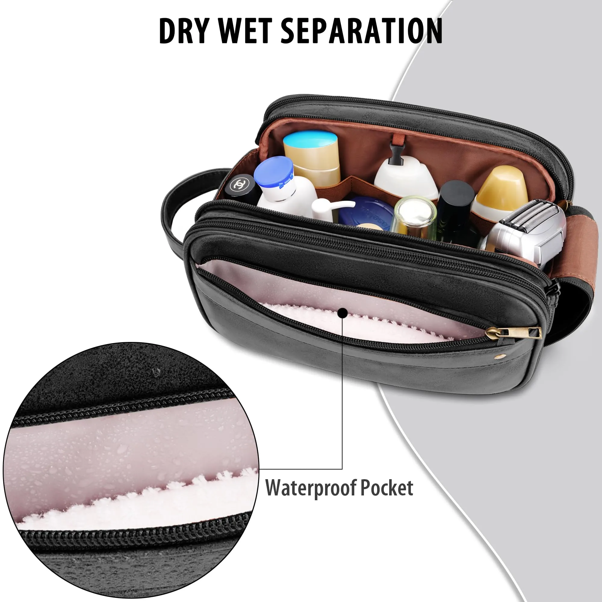 COOSKY Travel Toiletry Bag for Men, Large Hanging Toiletries Organizer Bags for Women, Cruise Ship Essentials, Water-resistant Shaving Case, PU Leather Makeup Accessories, Cosmetic Dopp Kit, Black