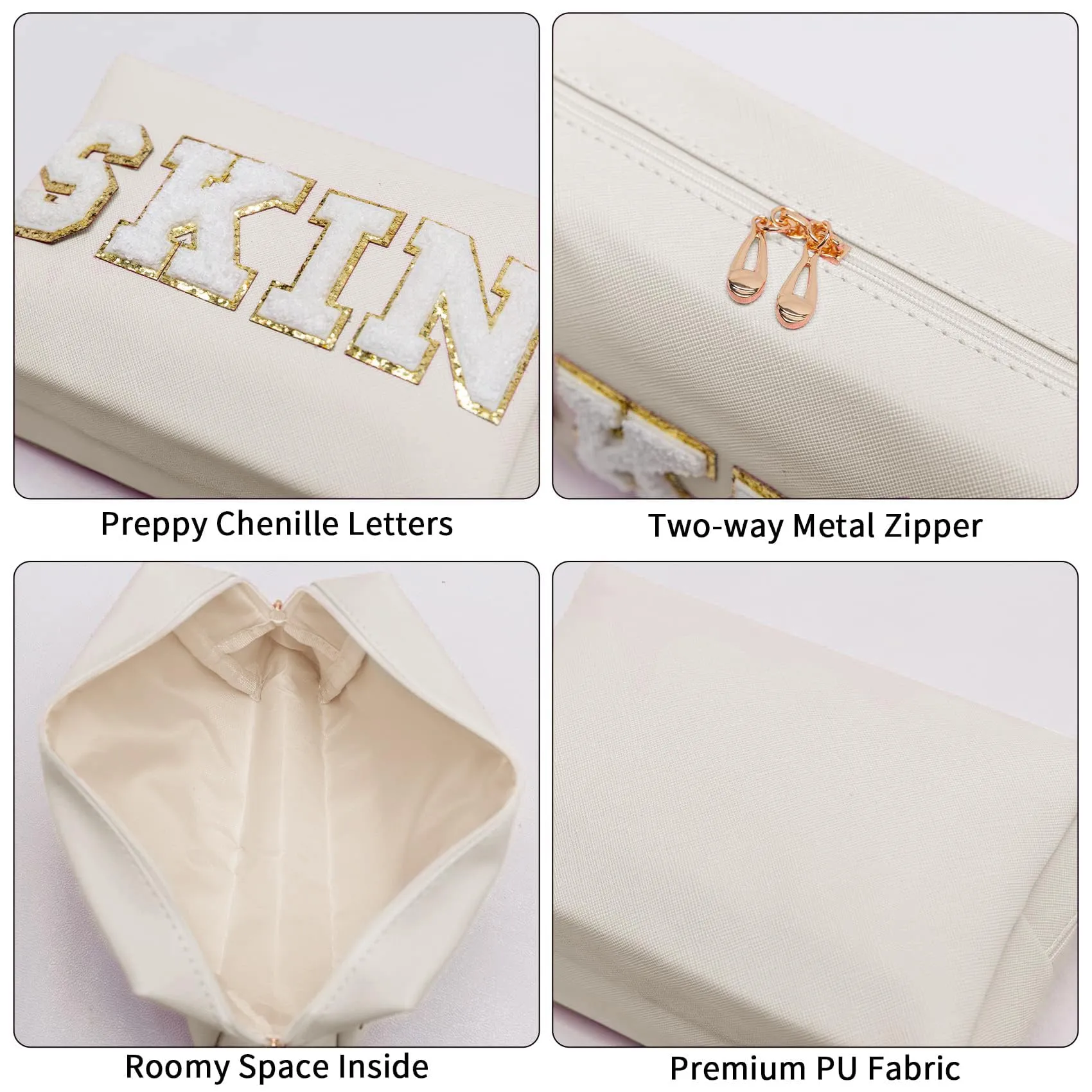 COSHAYSOO 2 Pieces Preppy Patch Makeup Bags Chenille Letter Cosmetic Pouch Gifts for Teen Girls Women, Cute Aesthetic Trendy Travel Make Up Stuff Organizer (HAIR SKIN)