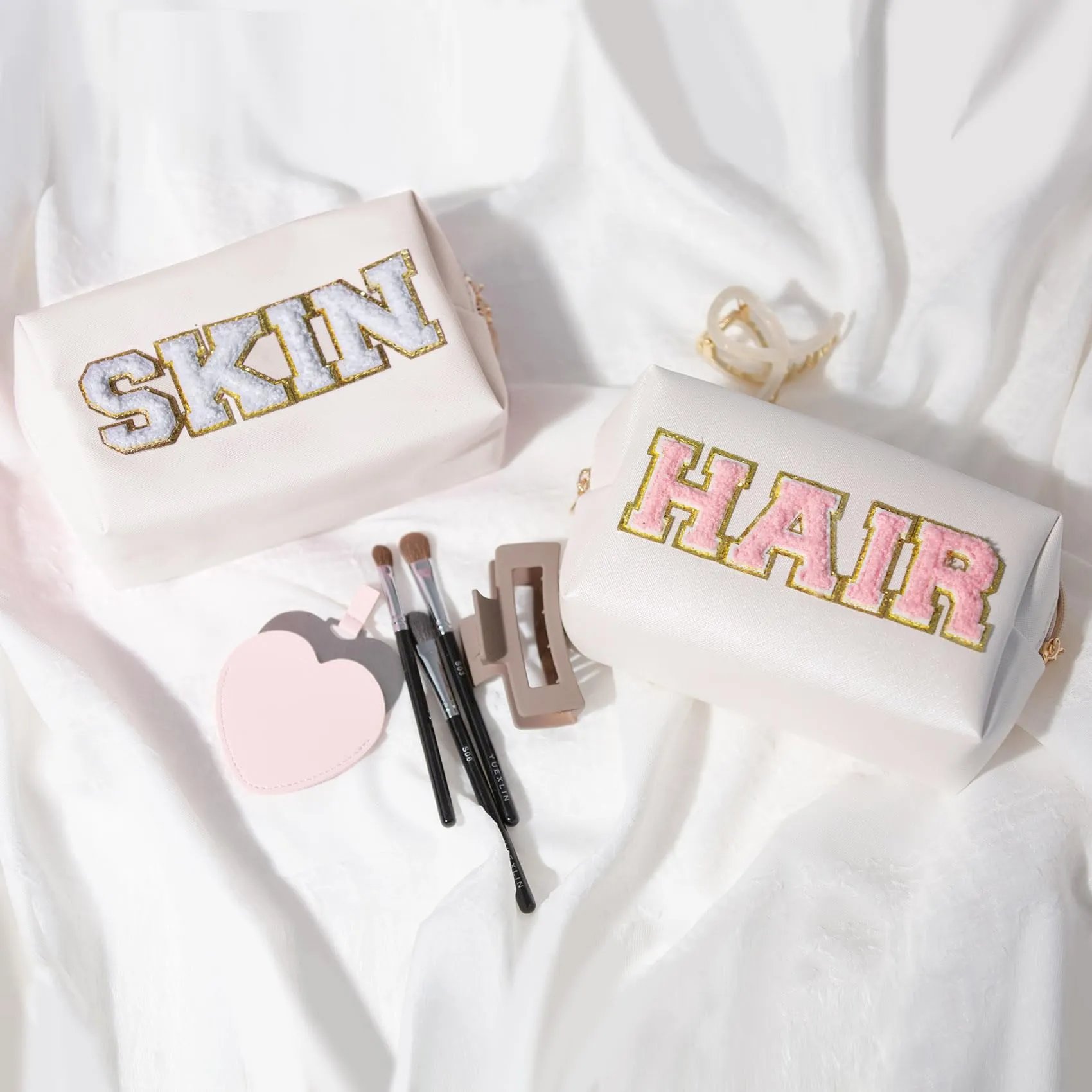 COSHAYSOO 2 Pieces Preppy Patch Makeup Bags Chenille Letter Cosmetic Pouch Gifts for Teen Girls Women, Cute Aesthetic Trendy Travel Make Up Stuff Organizer (HAIR SKIN)