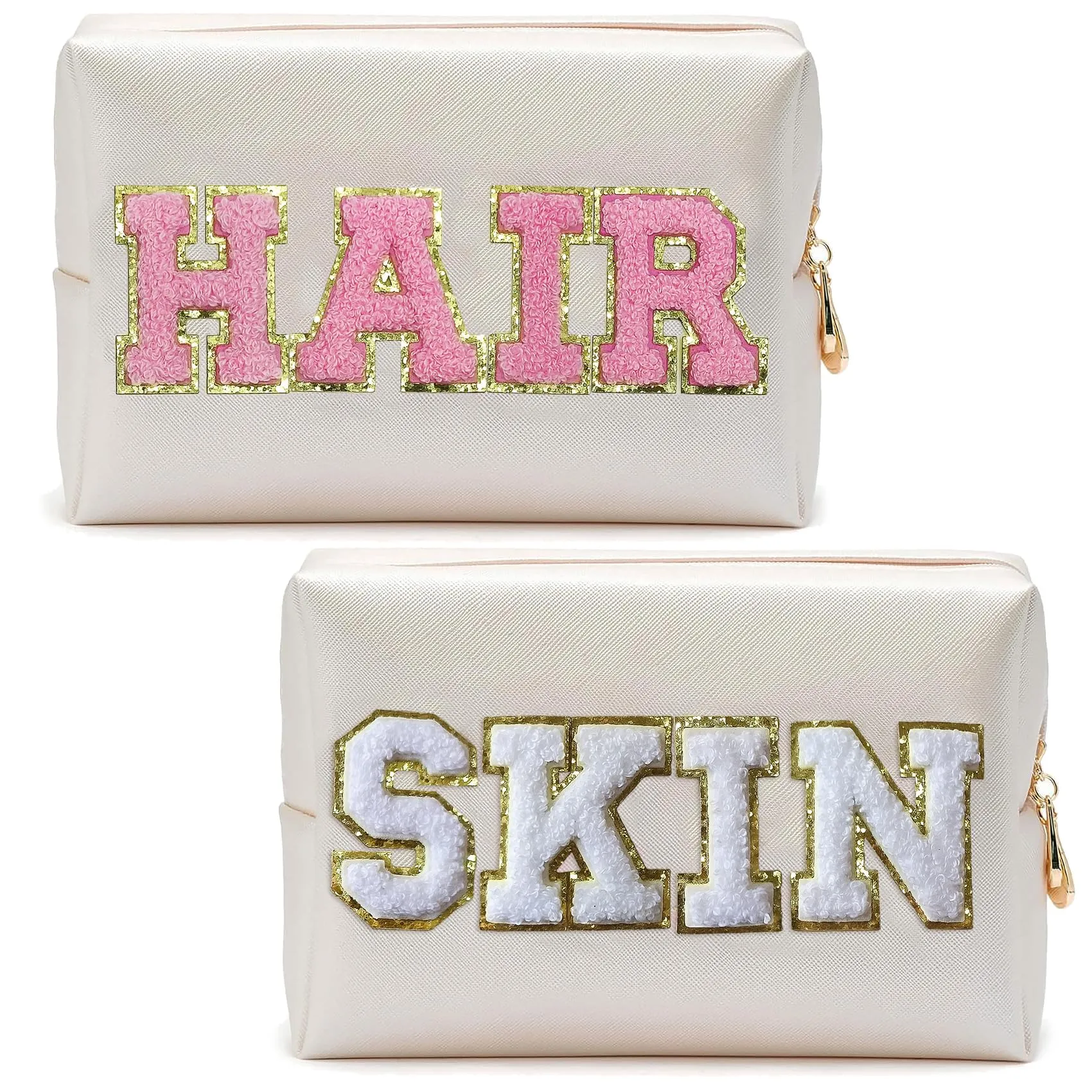COSHAYSOO 2 Pieces Preppy Patch Makeup Bags Chenille Letter Cosmetic Pouch Gifts for Teen Girls Women, Cute Aesthetic Trendy Travel Make Up Stuff Organizer (HAIR SKIN)