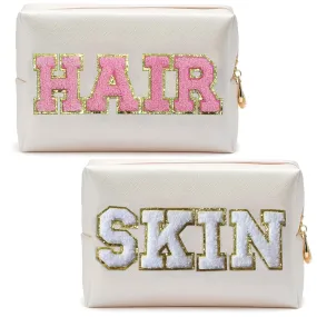 COSHAYSOO 2 Pieces Preppy Patch Makeup Bags Chenille Letter Cosmetic Pouch Gifts for Teen Girls Women, Cute Aesthetic Trendy Travel Make Up Stuff Organizer (HAIR SKIN)