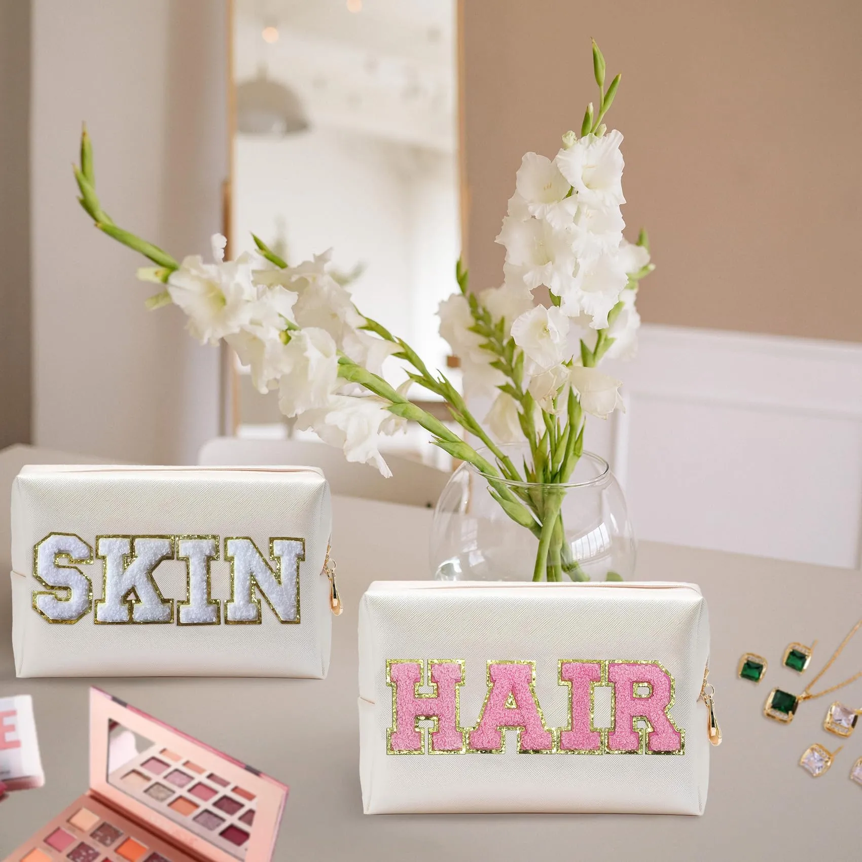 COSHAYSOO 2 Pieces Preppy Patch Makeup Bags Chenille Letter Cosmetic Pouch Gifts for Teen Girls Women, Cute Aesthetic Trendy Travel Make Up Stuff Organizer (HAIR SKIN)