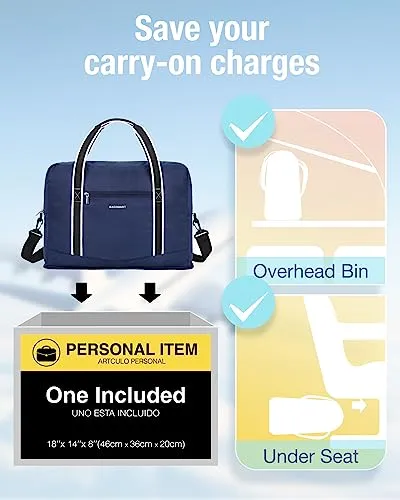 For Spirit Airlines Personal Item Bag 18x14x8 BAGSMART Foldable Travel Duffel Bag Tote Weekend Overnight Bag Carry on Luggage for Women and Men(Navy Blue))