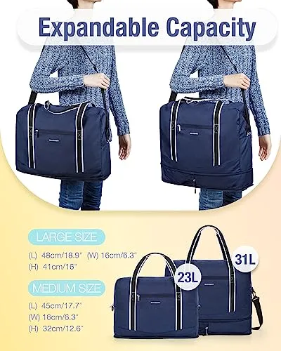 For Spirit Airlines Personal Item Bag 18x14x8 BAGSMART Foldable Travel Duffel Bag Tote Weekend Overnight Bag Carry on Luggage for Women and Men(Navy Blue))