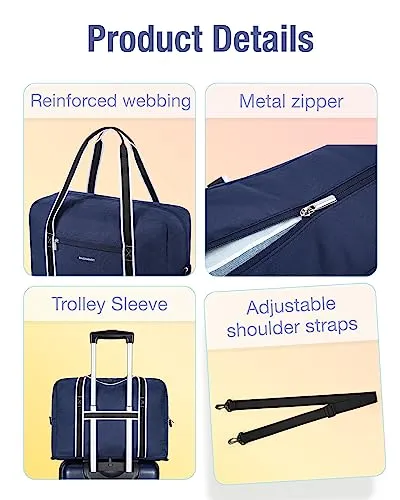 For Spirit Airlines Personal Item Bag 18x14x8 BAGSMART Foldable Travel Duffel Bag Tote Weekend Overnight Bag Carry on Luggage for Women and Men(Navy Blue))