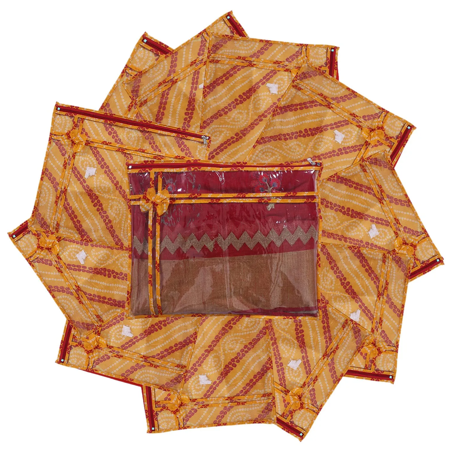 Heart Home Bandhani Print PVC Foldable Single Saree Cover|Clothes Storage For Saree, Lehenga, Suit With Transparent Pack of 12 (Yellow)