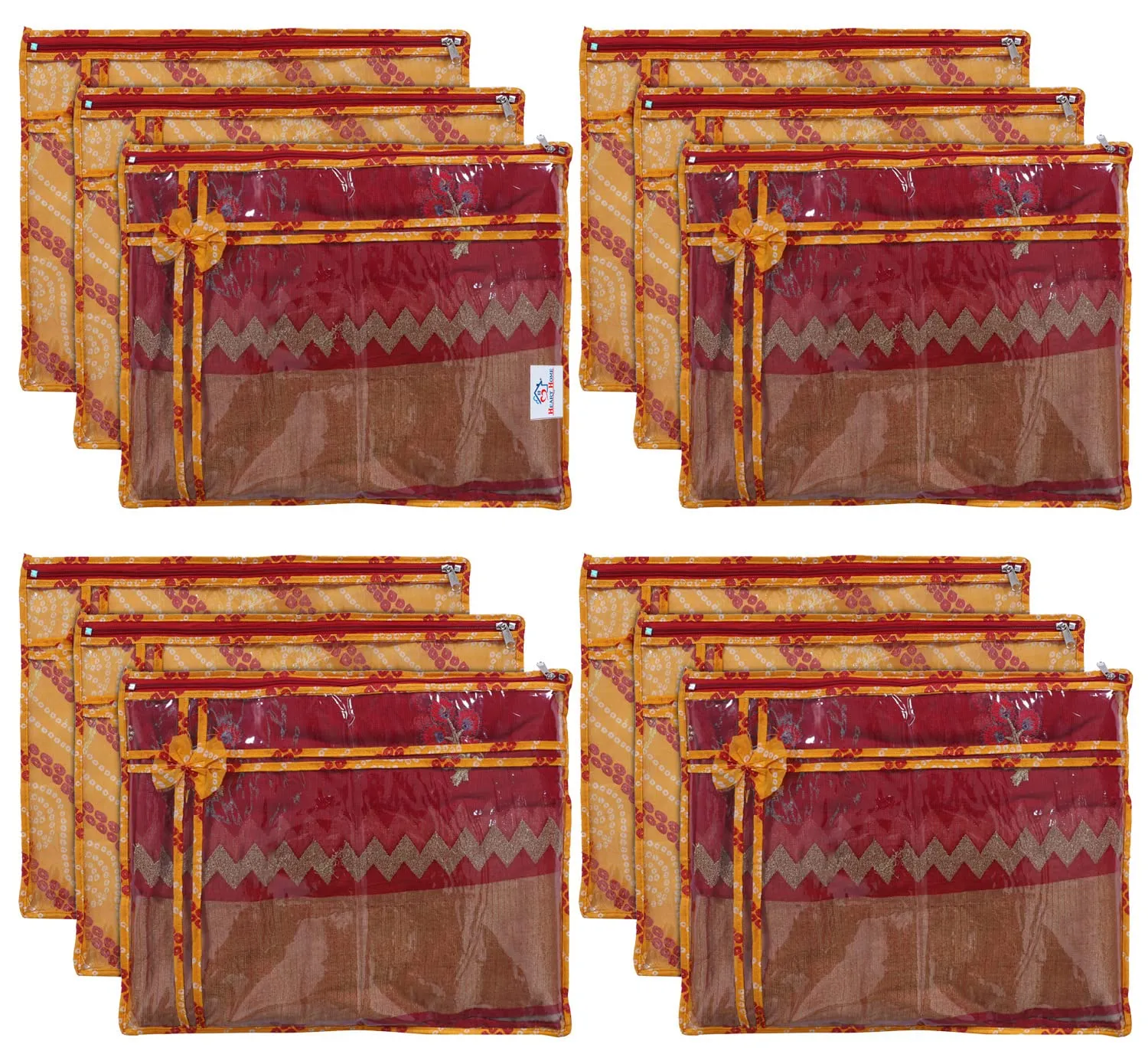 Heart Home Bandhani Print PVC Foldable Single Saree Cover|Clothes Storage For Saree, Lehenga, Suit With Transparent Pack of 12 (Yellow)