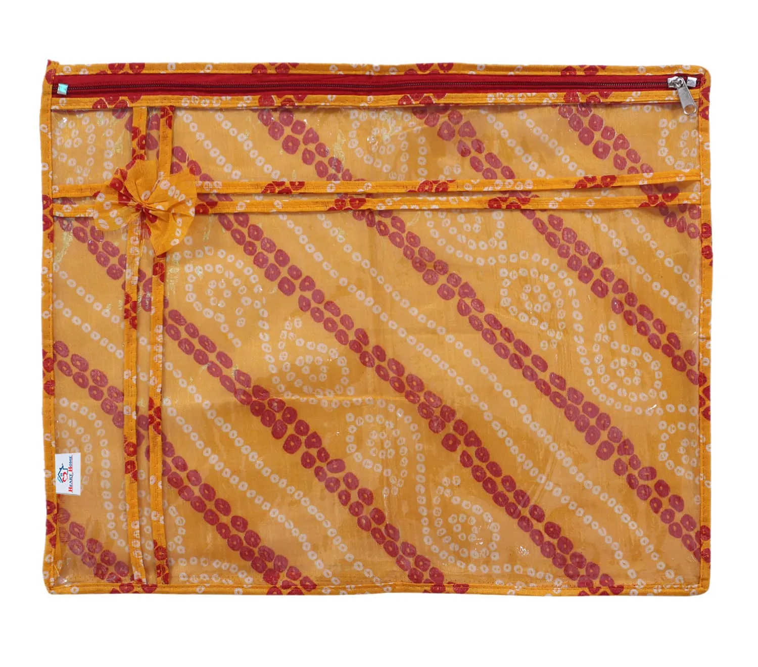 Heart Home Bandhani Print PVC Foldable Single Saree Cover|Clothes Storage For Saree, Lehenga, Suit With Transparent Pack of 12 (Yellow)