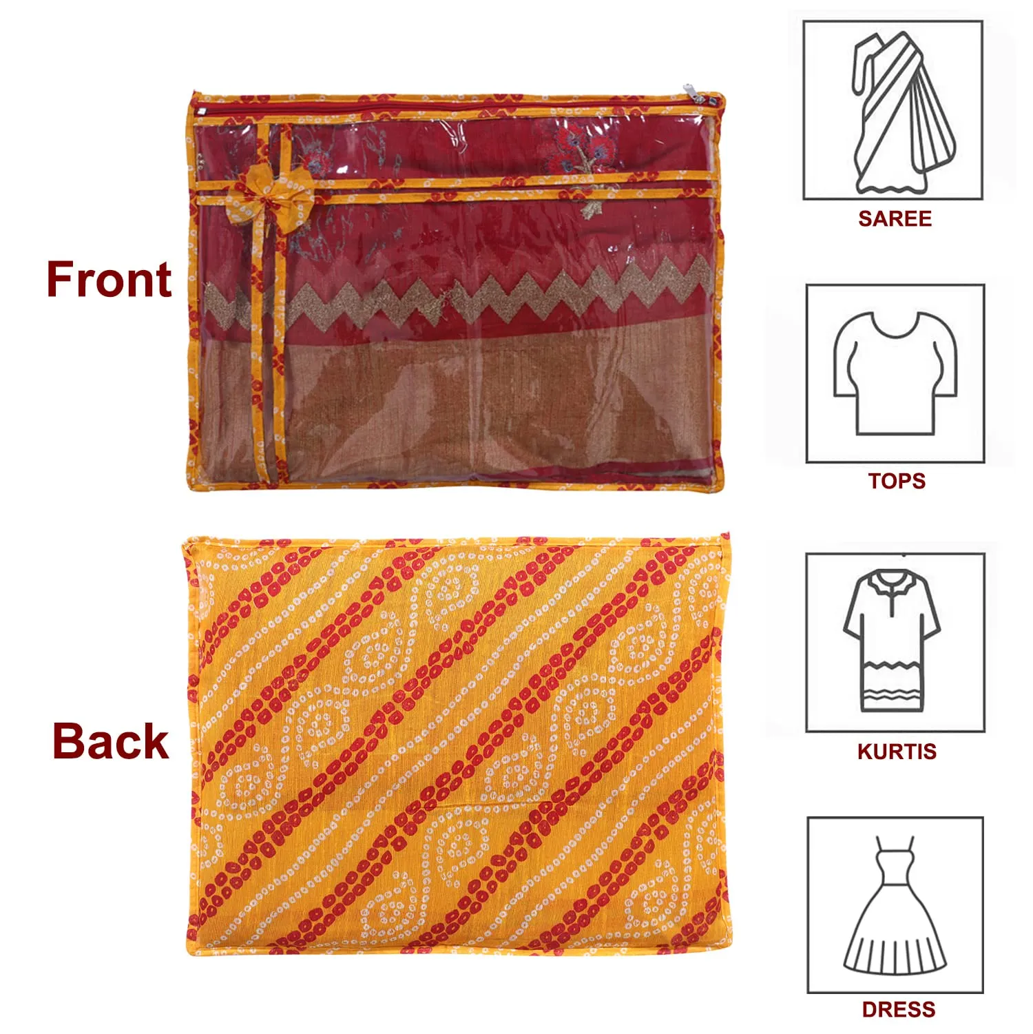 Heart Home Bandhani Print PVC Foldable Single Saree Cover|Clothes Storage For Saree, Lehenga, Suit With Transparent Pack of 12 (Yellow)