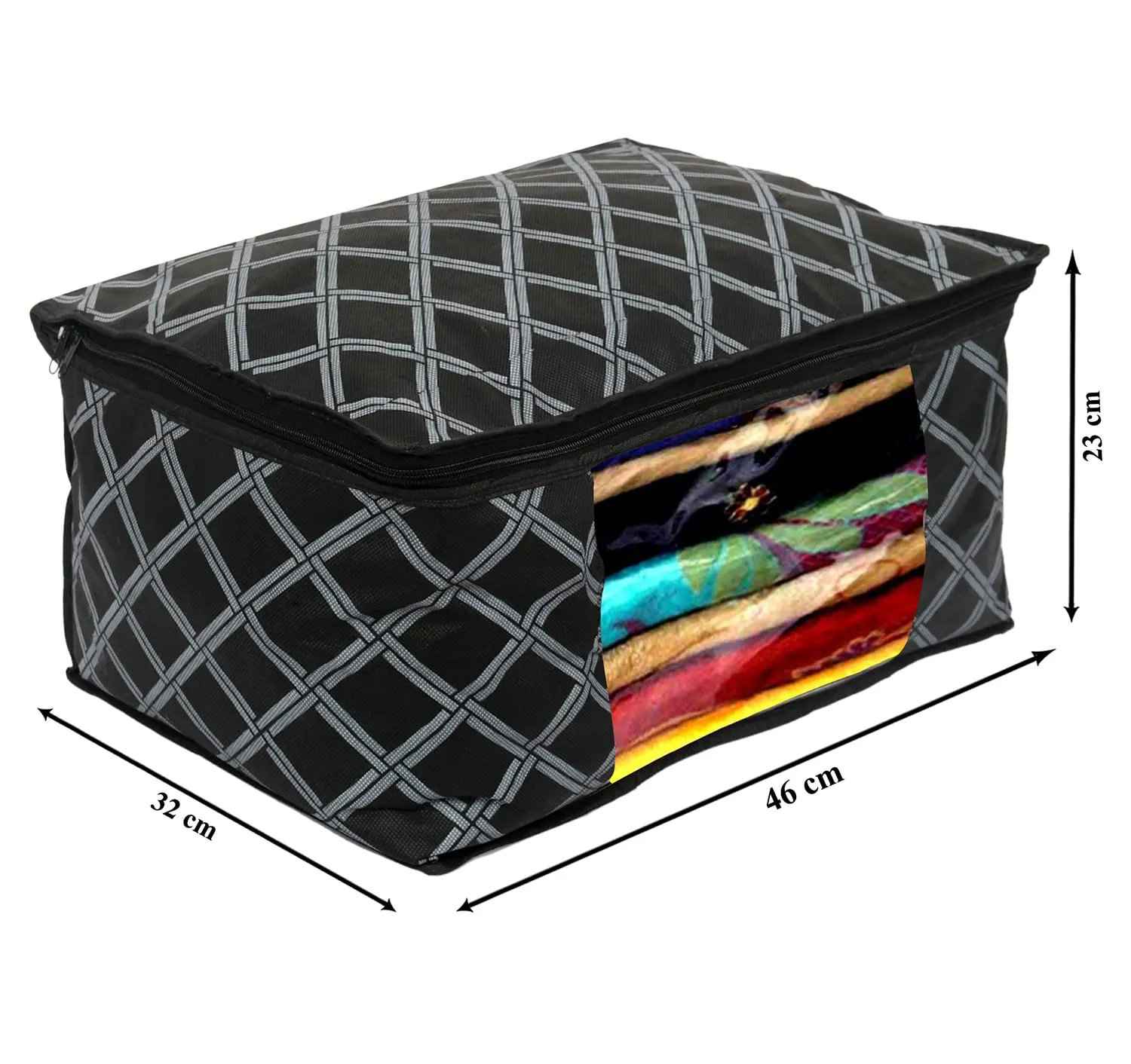 Heart Home Check Print Non-Woven Foldable Saree Cover|Clothes Storage For Saree, Lehenga, Suit With Top Transparent Pack of 12 (Black)