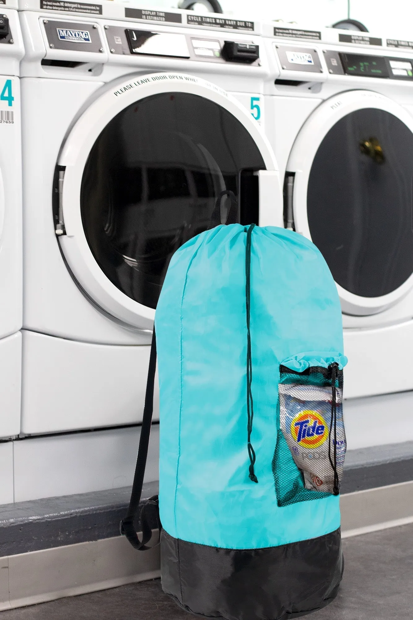 Laundry Bag Backpack with Front Mesh Pocket - Turquoise