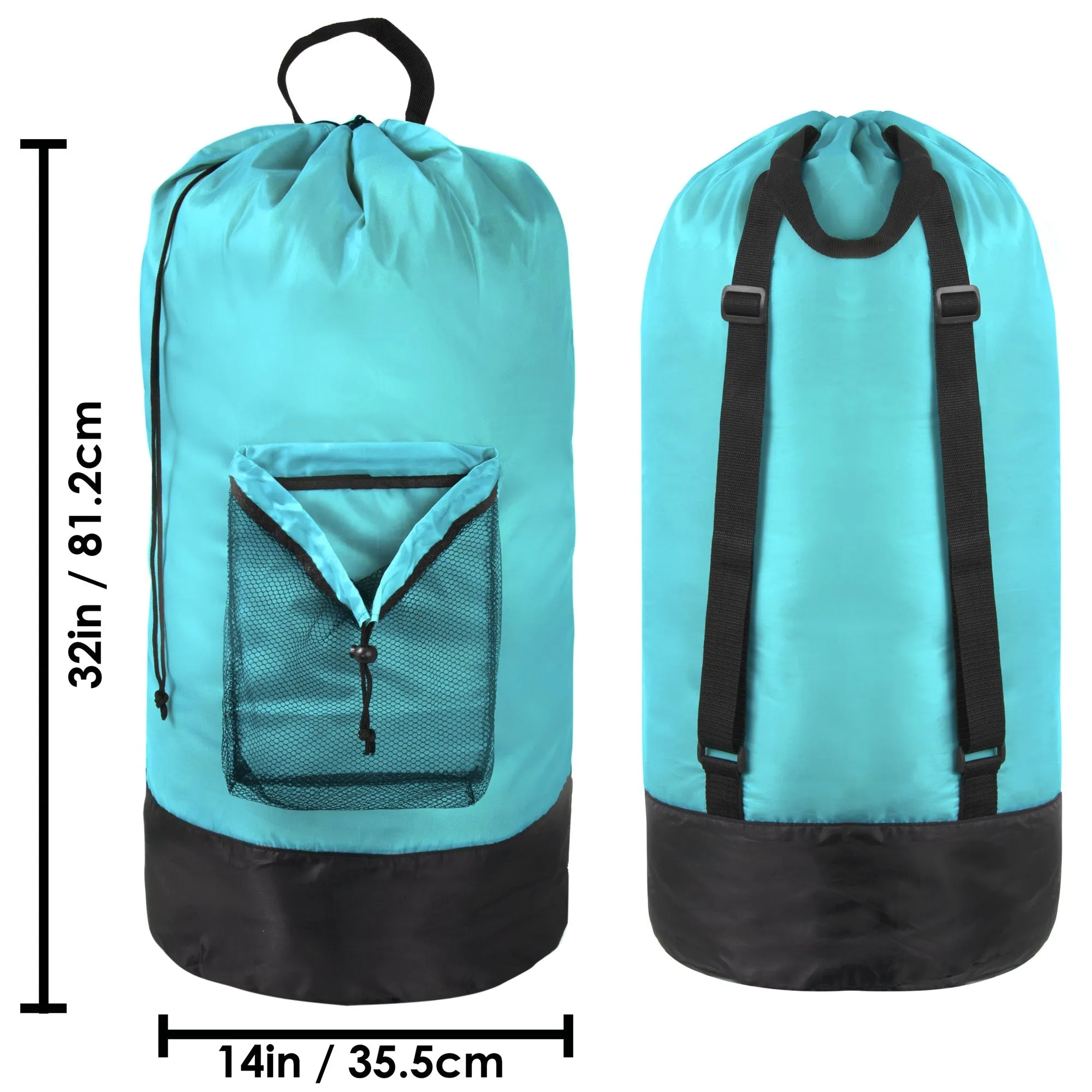 Laundry Bag Backpack with Front Mesh Pocket - Turquoise