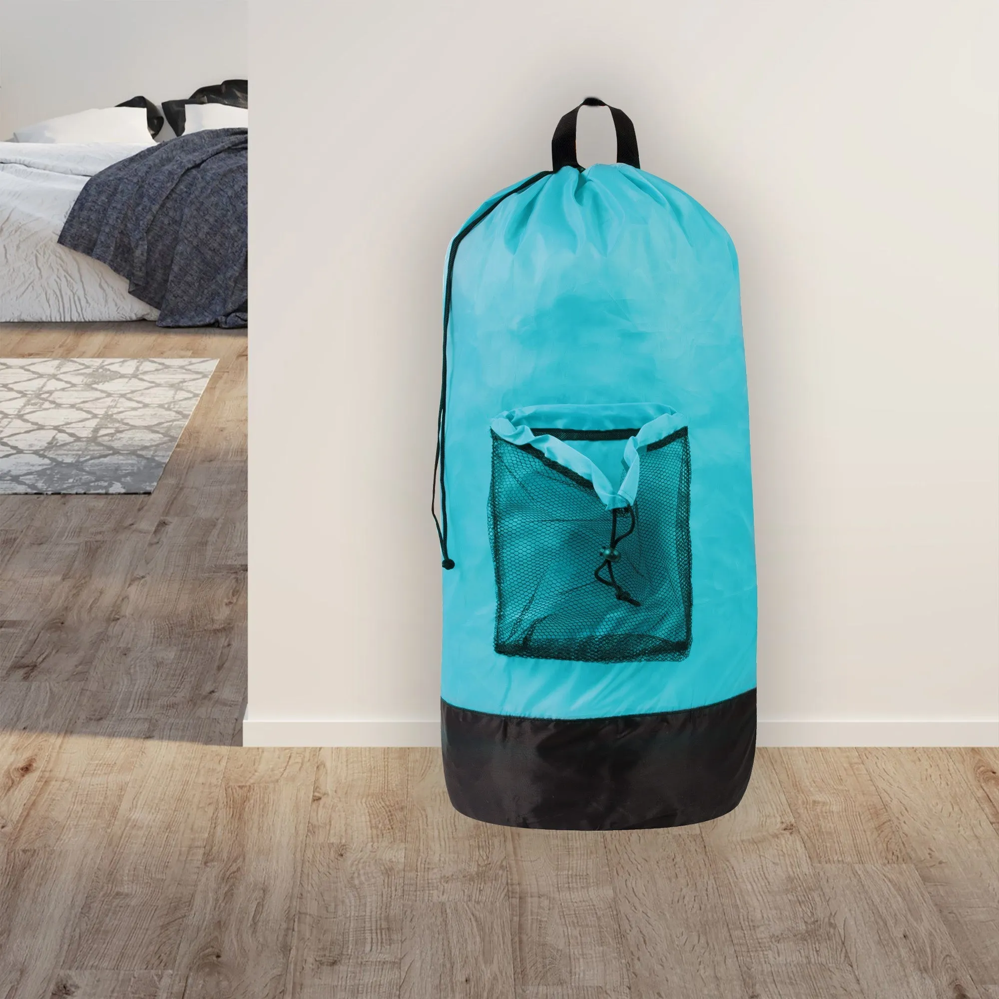 Laundry Bag Backpack with Front Mesh Pocket - Turquoise