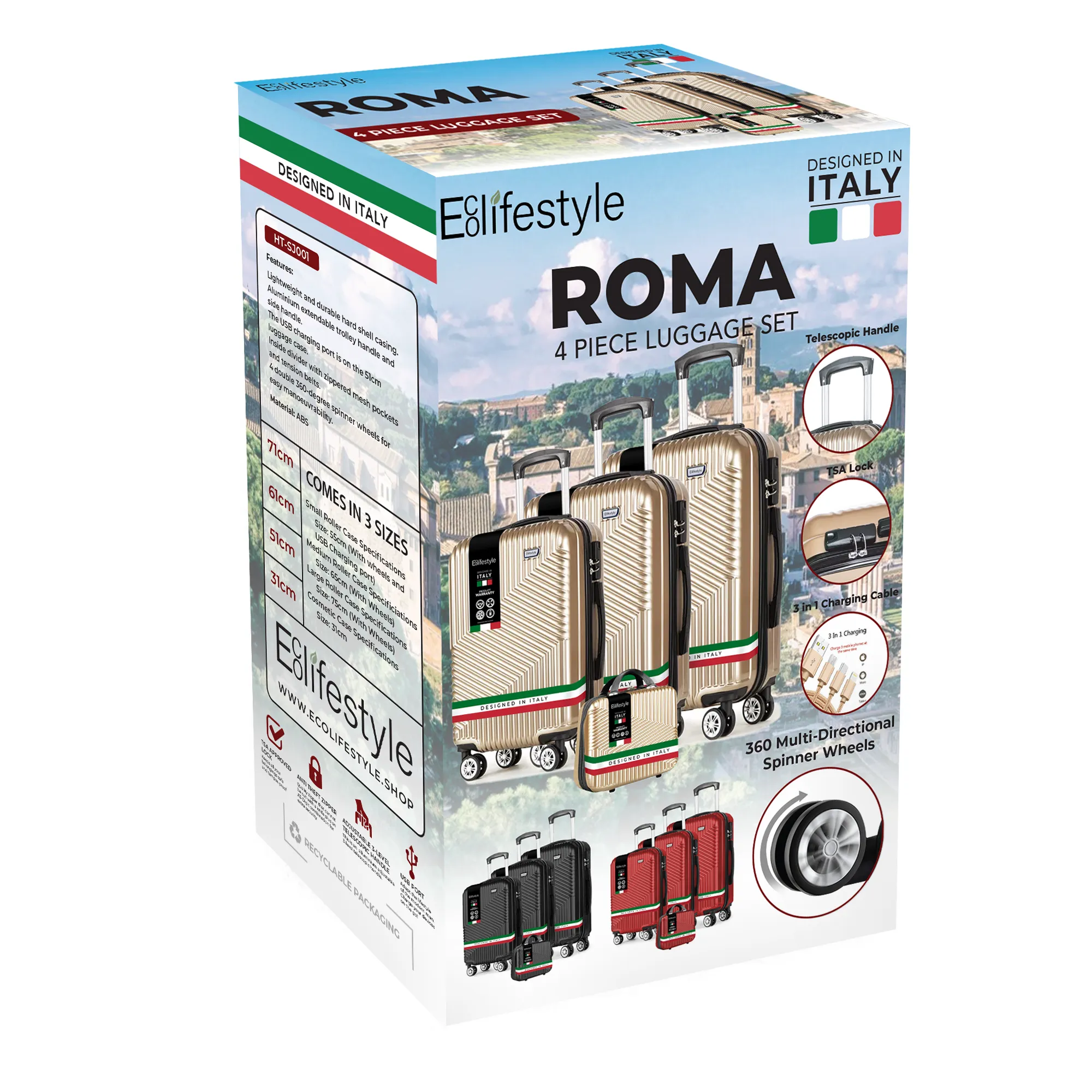 Roma Hardshell Luggage Set on 360° Spinner Wheels with TSA Lock and Protective Cover