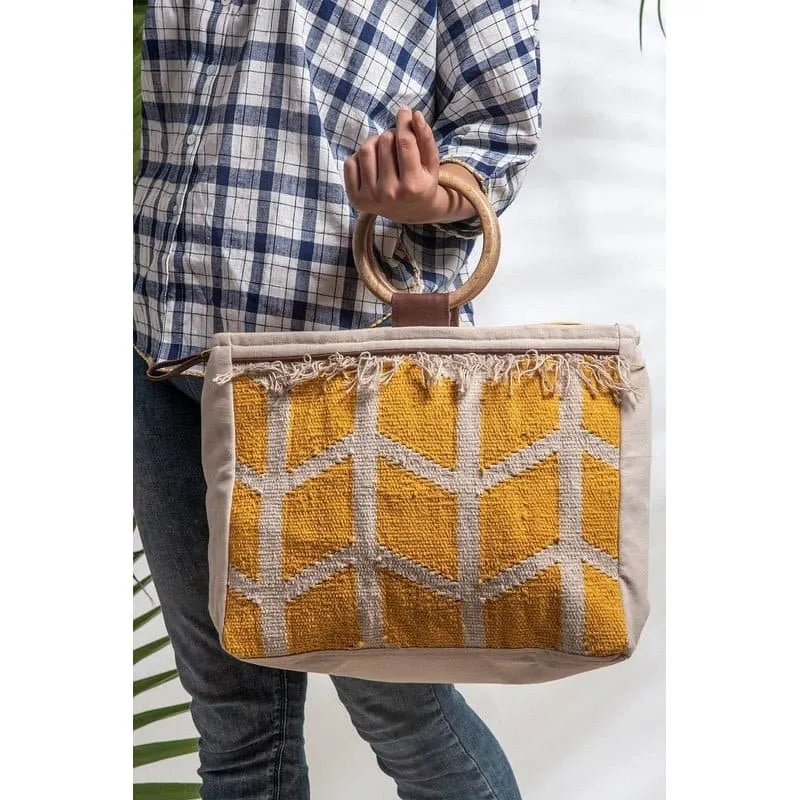 Sunshine Woven Yellow Wooden Handle Bag