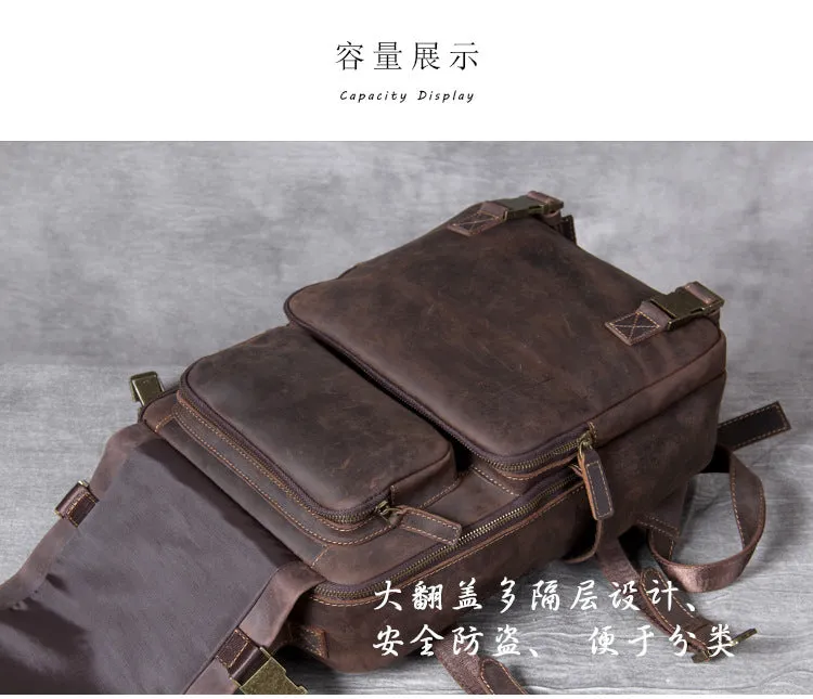 Unisex Vintage Handmade Crazy Horse Genuine Leather Laptop Backpack