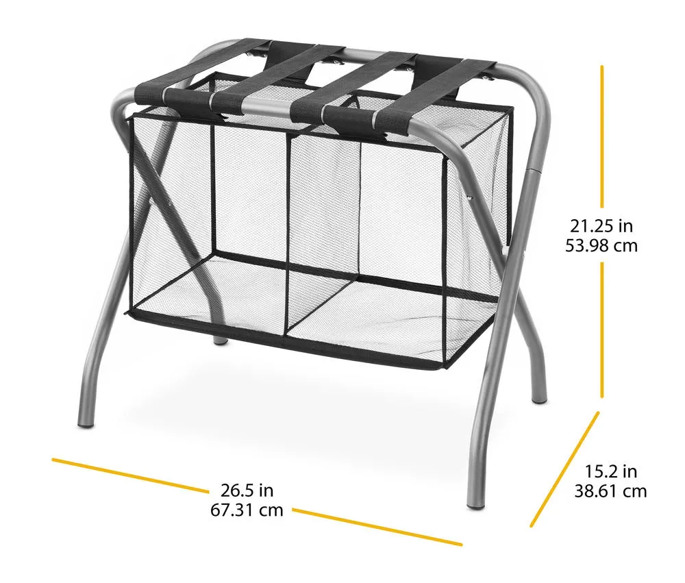 Whitmor Gray Luggage Stand with Hanging Shelf and Fabric Bin